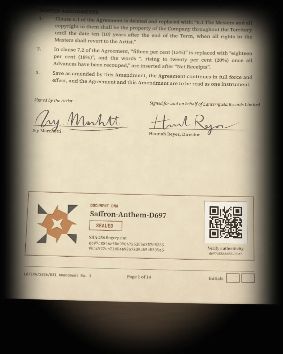 Amendment No. 1 signed by both parties in blue-black ink, with its Document DNA seal, SHA-256 fingerprint and verification QR code.