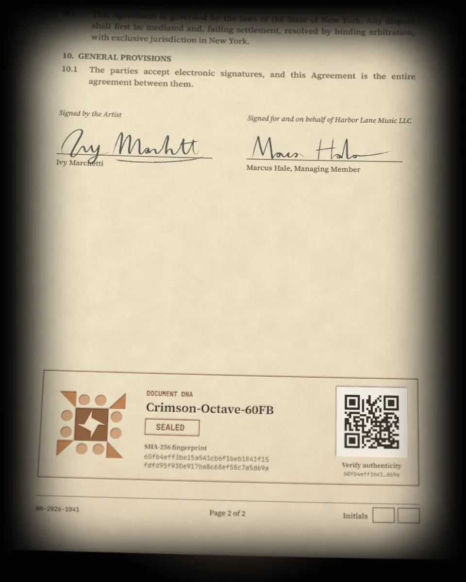 A newly drafted recording agreement's execution page, signed by both parties, with its Document DNA seal, SHA-256 fingerprint and verification QR code.