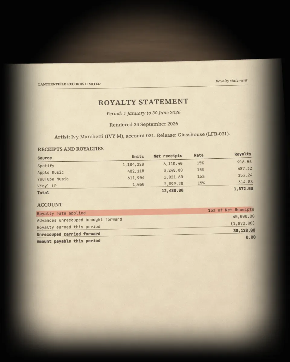 The royalty statement under the lamp, its fifteen per cent royalty rate marked in red.